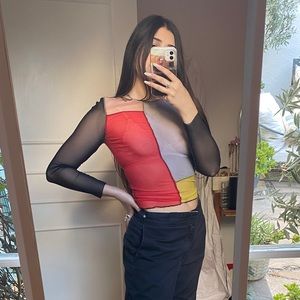 Mesh geometric color block top